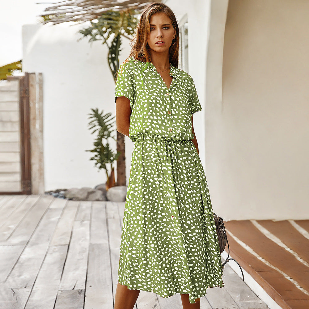 Robe femme imprimé vague – taille haute, manches courtes, légère et tendance