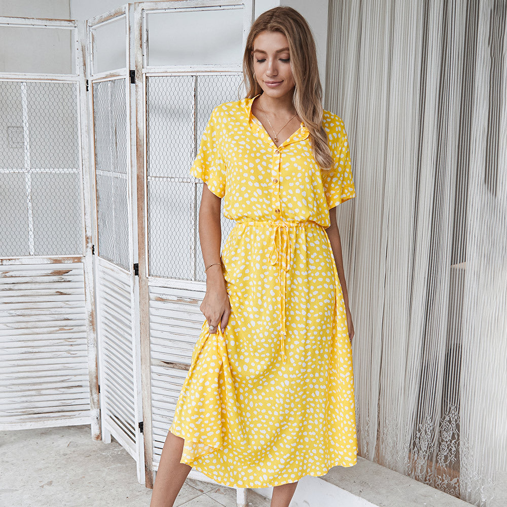 Robe femme imprimé vague – taille haute, manches courtes, légère et tendance