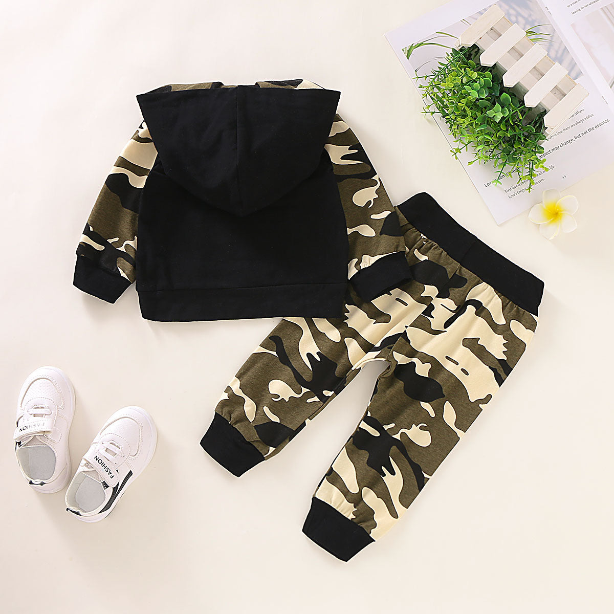 Ensemble 2 pièces sweat camouflage lettres manches longues unisexe