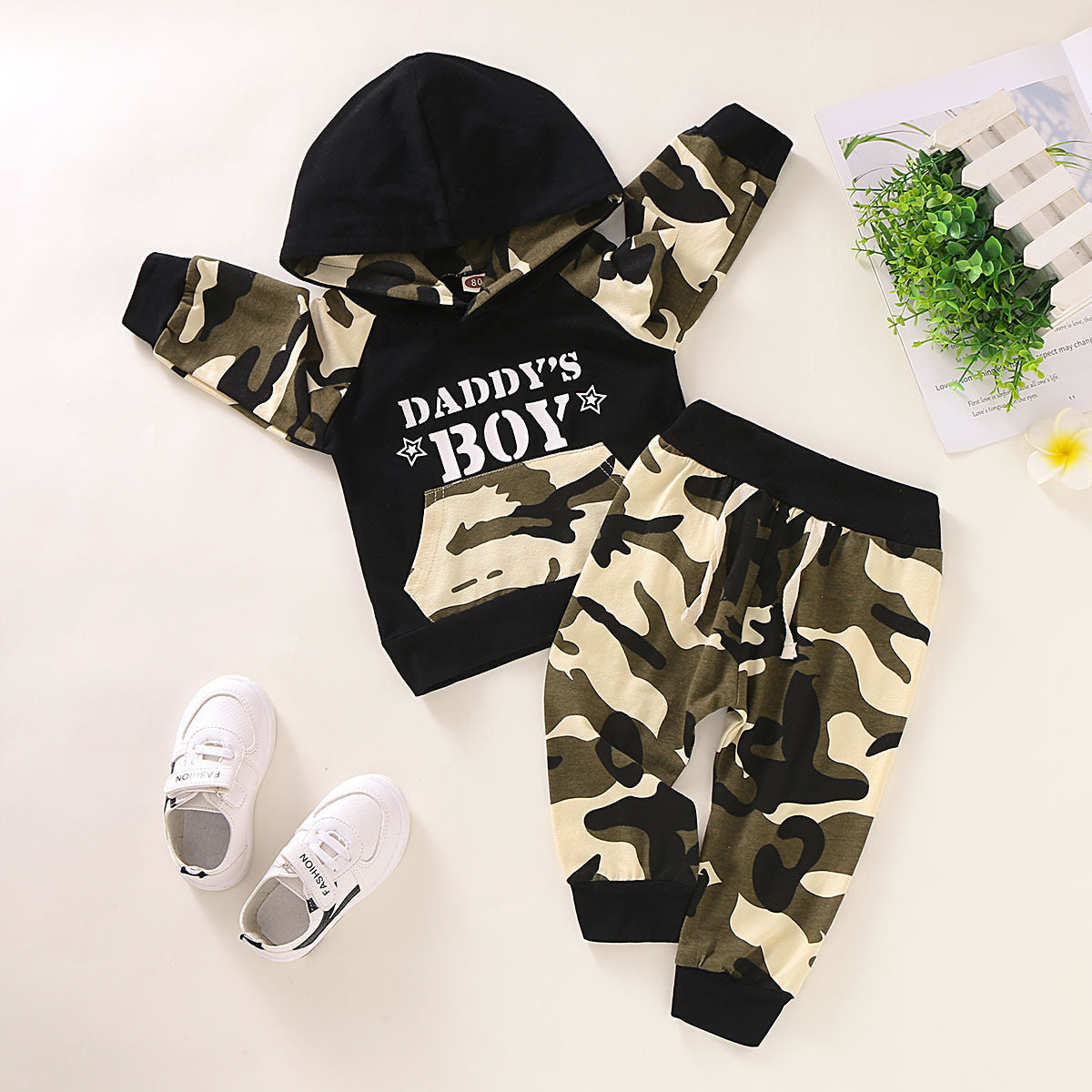 Ensemble 2 pièces sweat camouflage lettres manches longues unisexe