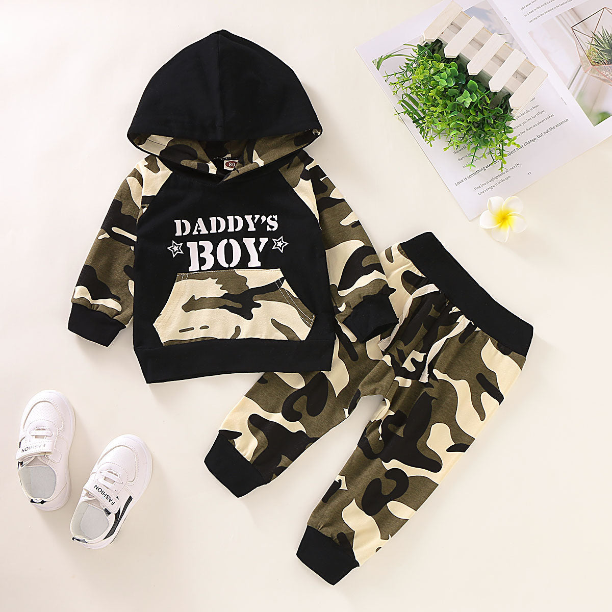 Ensemble 2 pièces sweat camouflage lettres manches longues unisexe
