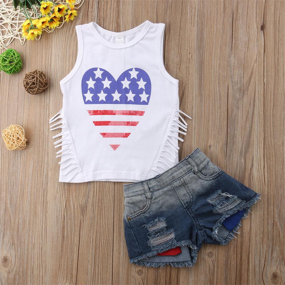 Ensemble fille sans manches franges + short déchiré coton 100%