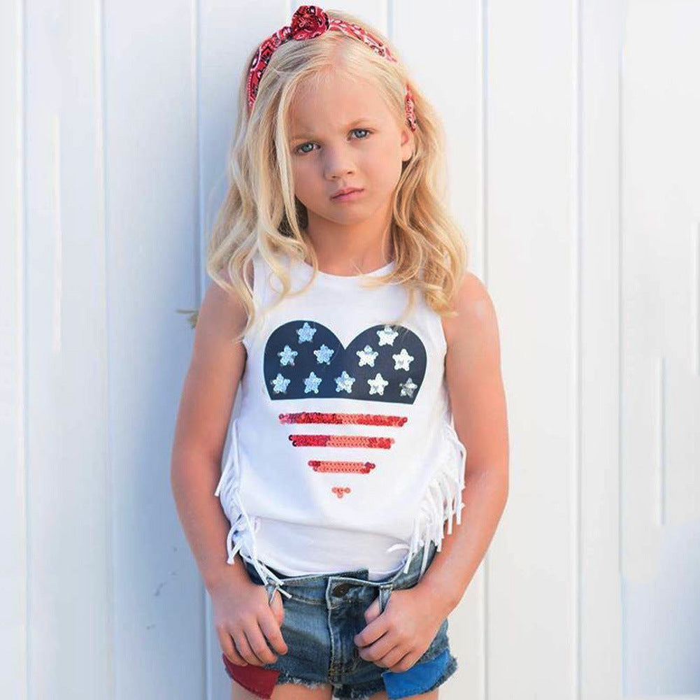 Ensemble fille sans manches franges + short déchiré coton 100%
