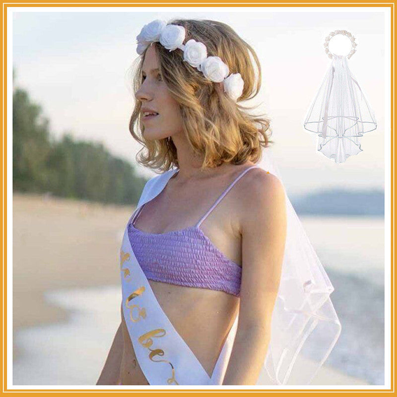 Voile de couronne de mariée blanc et rose blanche pour enterrement de vie de garçon