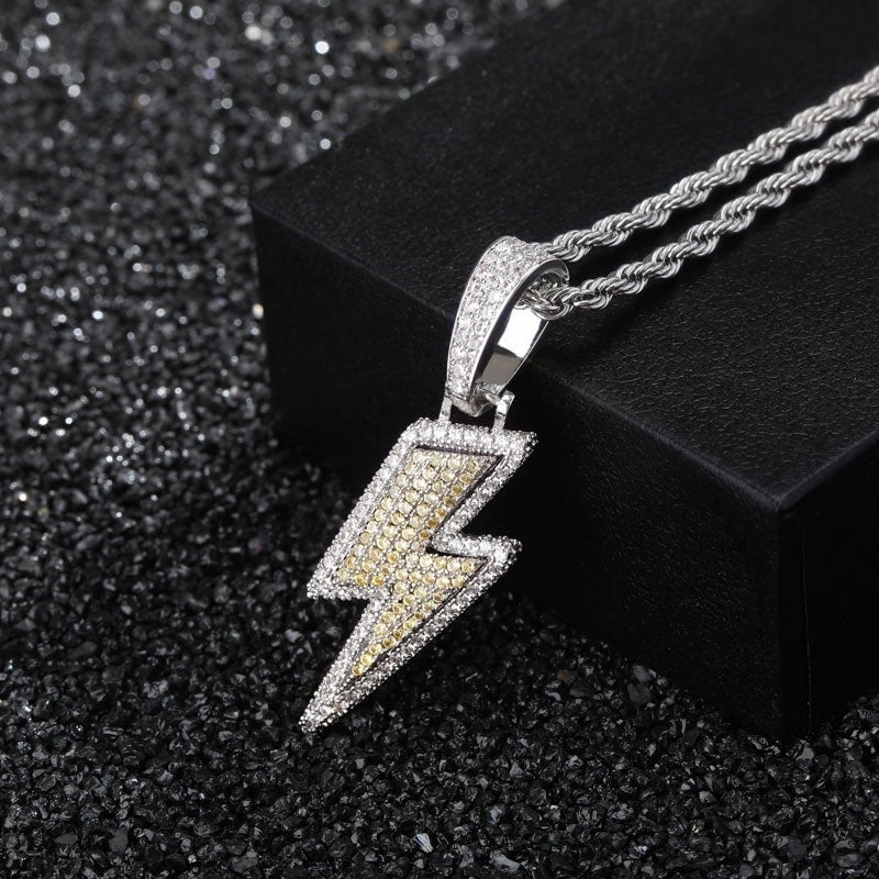 Pendentif éclair Hip Hop zircons VVS – collier iced out lightning bijou streetwear