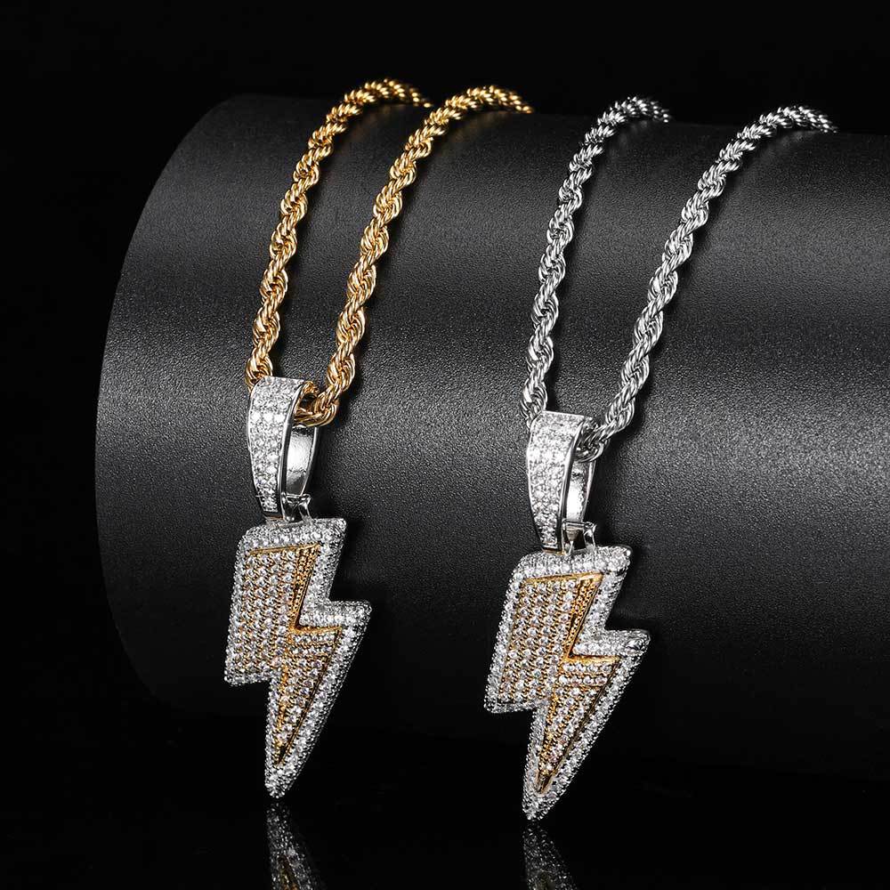 Pingente raio Hip Hop zircônias VVS – colar iced out lightning joia streetwear