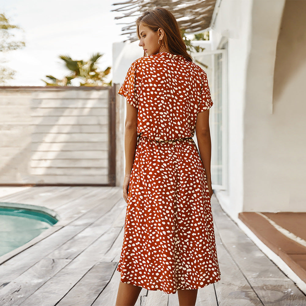 Robe femme imprimé vague – taille haute, manches courtes, légère et tendance