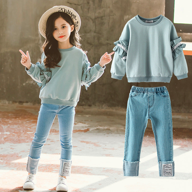 Costume enfant en jean avec manches en dentelle – ensemble pantalon, style chic