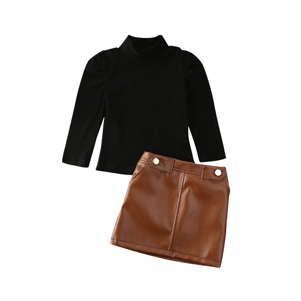 Ensemble fille chemise boutonnée et jupe cuir