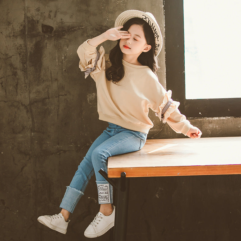 Costume enfant en jean avec manches en dentelle – ensemble pantalon, style chic