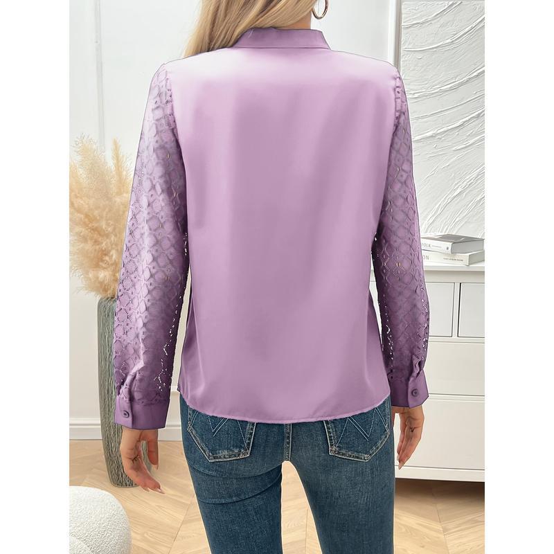 Elegante Lang Blouse met Notch Hals en Kantpanele