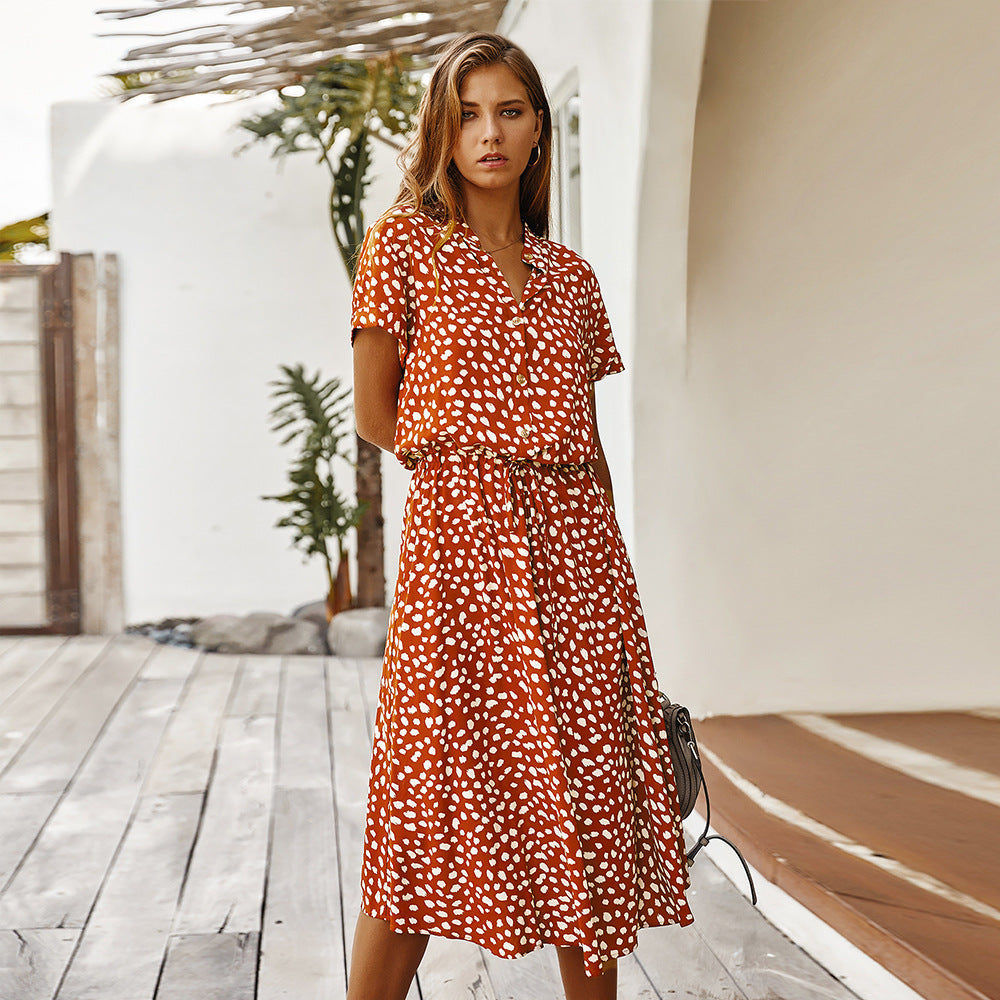 Robe femme imprimé vague – taille haute, manches courtes, légère et tendance