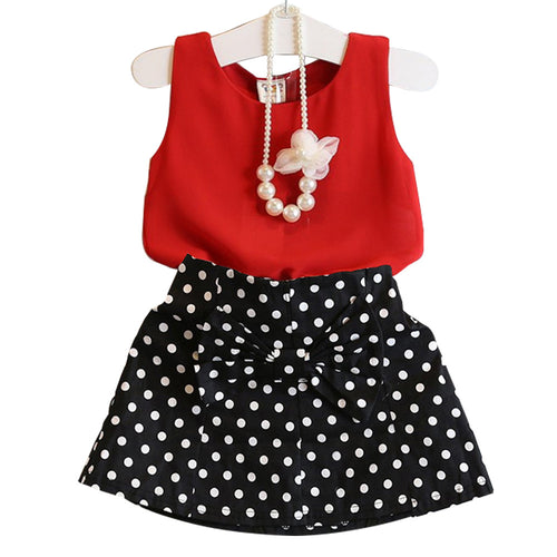 Ensemble fille été à pois et dentelle – haut sans manches et jupe