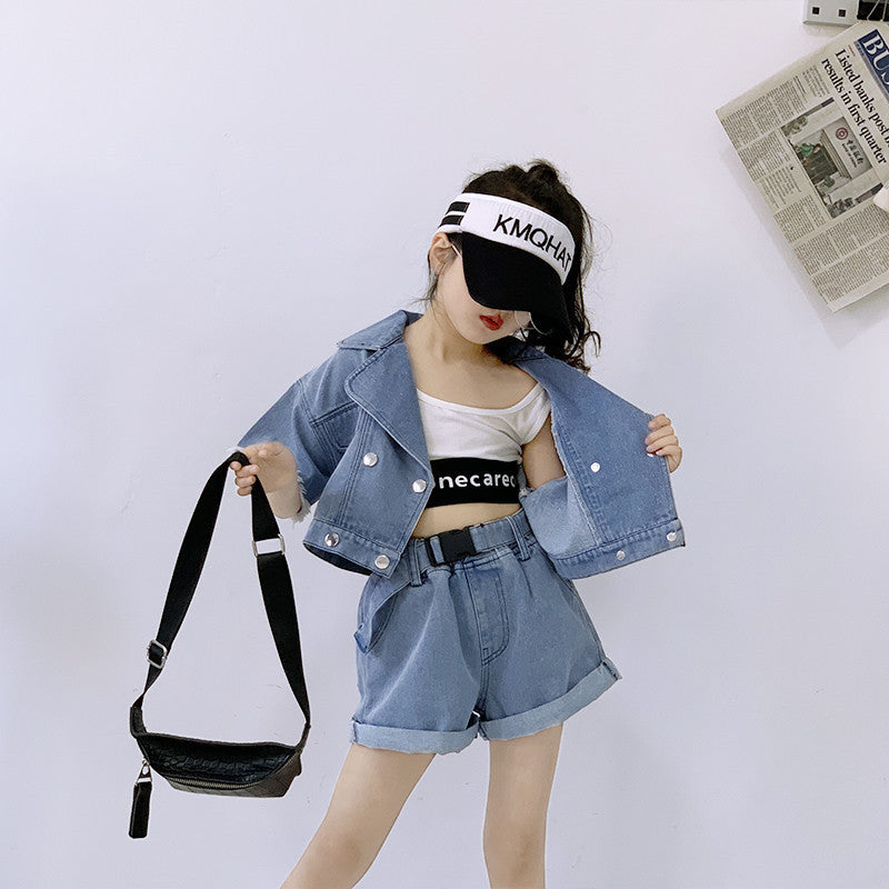 Ensemble enfant style workwear rayé coton à boutonnage biais – bleu clair