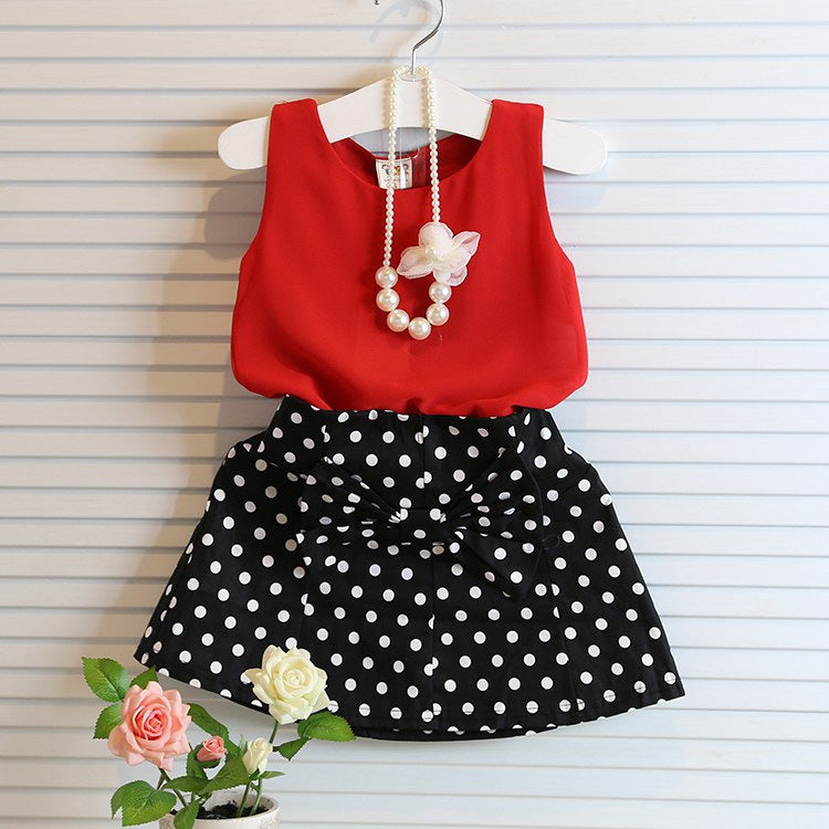 Ensemble fille été à pois et dentelle – haut sans manches et jupe