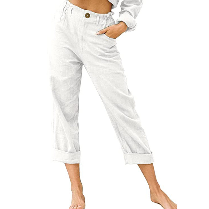 Pantalon femme en coton lin à taille haute – ample, confortable et décontracté