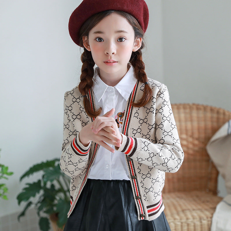 Cardigan tricot enfant col V café – viscose boutonnage simple