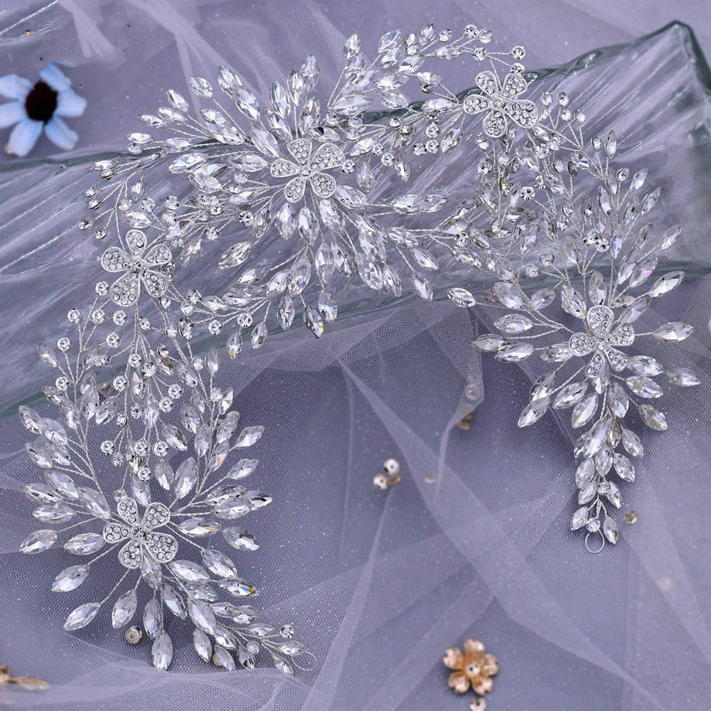 SERRE-TÊTE MARIAGE LONG FLEURS STRASS – DESIGN 100% NOUVEAU ARGENT 47.5x10.5CM