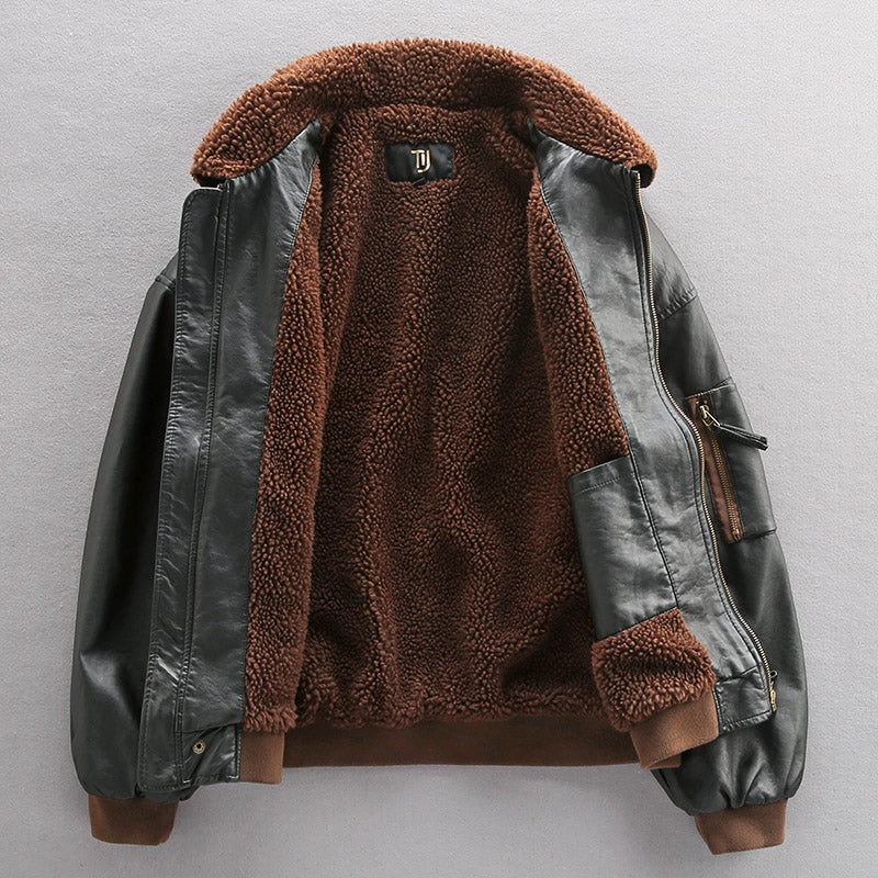 Thick leather Air Force pilot bomber jacket, comfortable fleece lining.