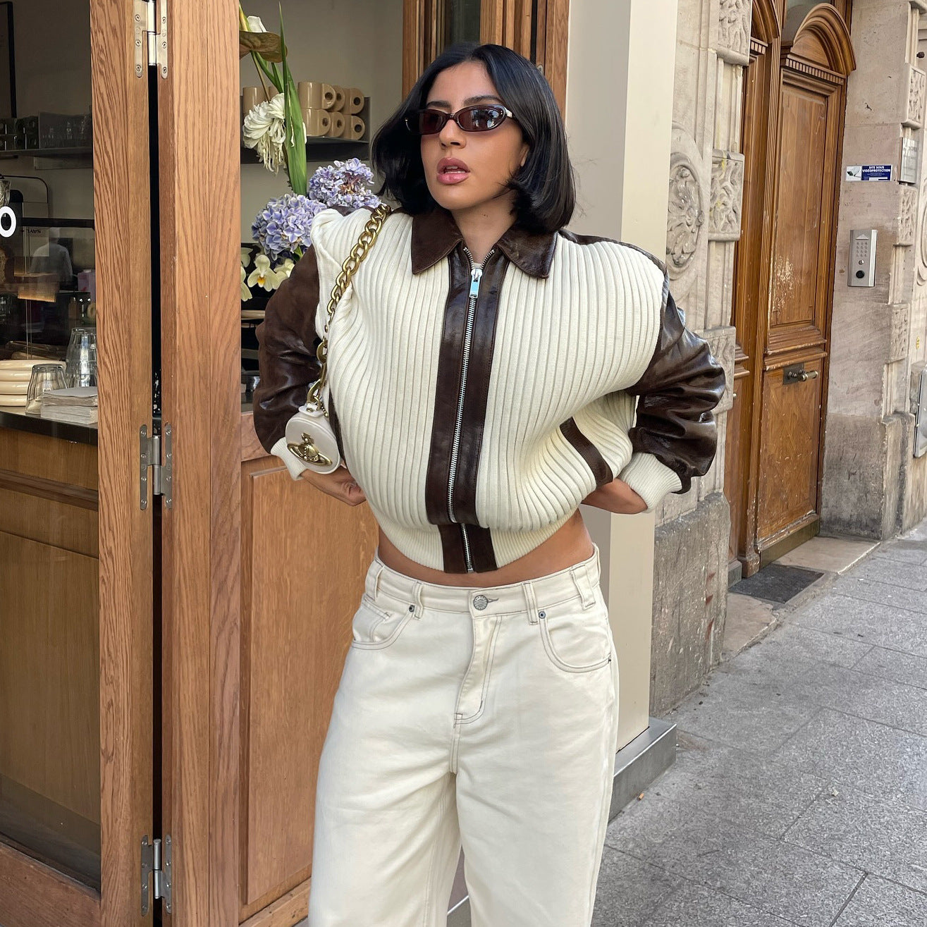 Veste patchwork maille et cuir femme, chic et tendance mode.