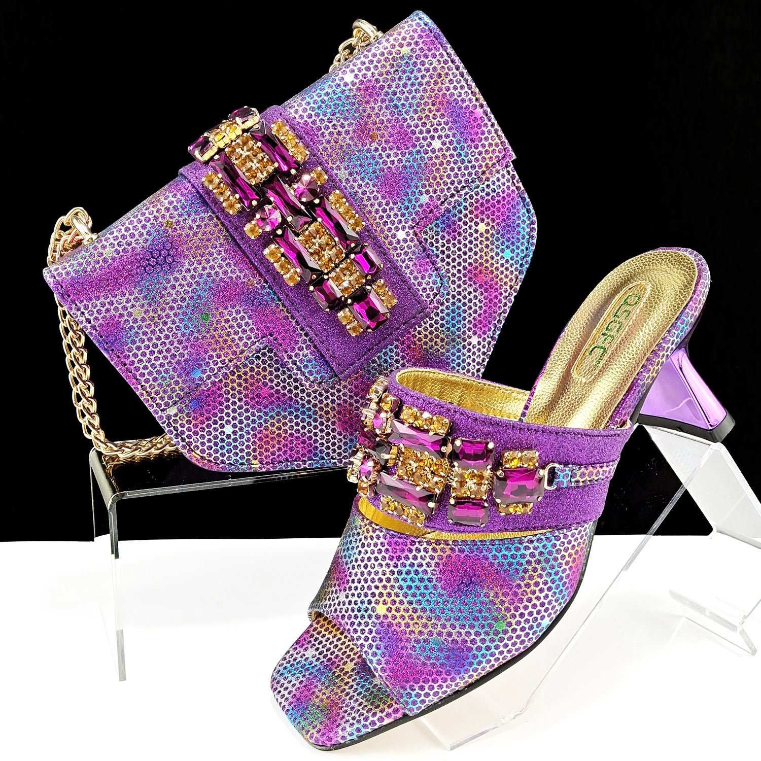 Ensemble chaussures-sac camouflage femme, mules talon haut
