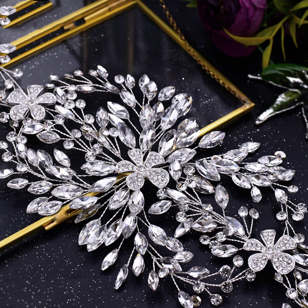 SERRE-TÊTE MARIAGE LONG FLEURS STRASS – DESIGN 100% NOUVEAU ARGENT 47.5x10.5CM