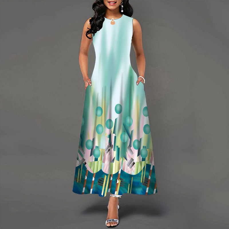 Robe tank imprimée, col rond, sans manches femme