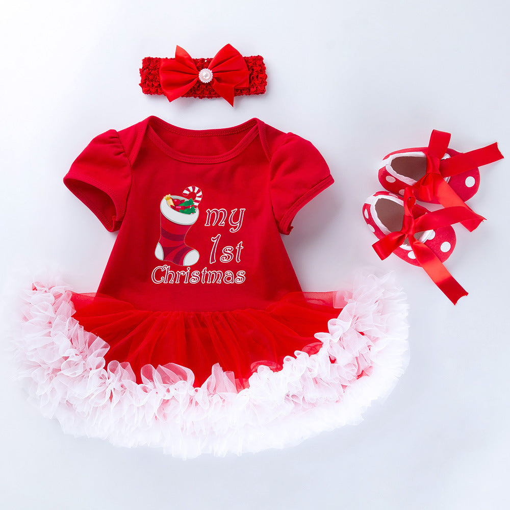 Robe bébé fille de Noël à volants en maille – bandeau assorti, style européen et américain