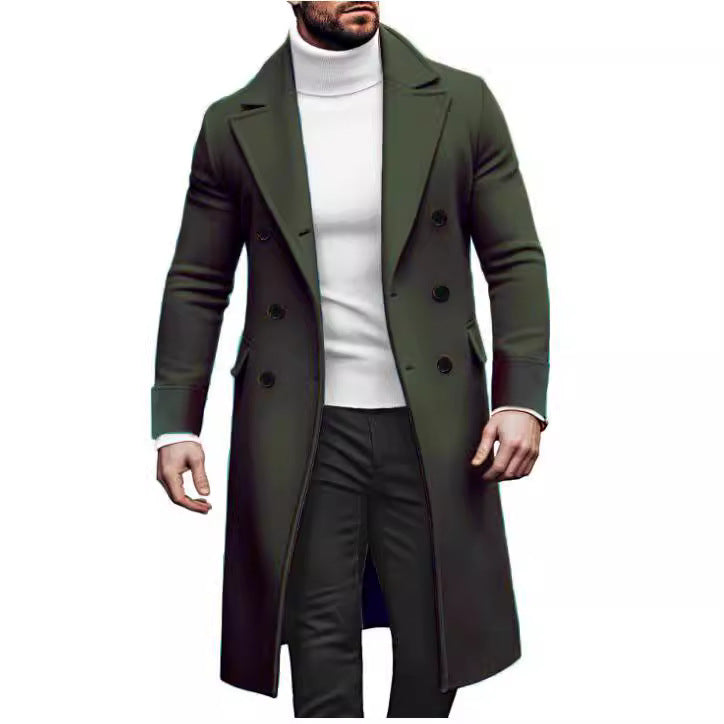 Manteau long laine double boutonnage homme – vert/rouge/kaki/bleu