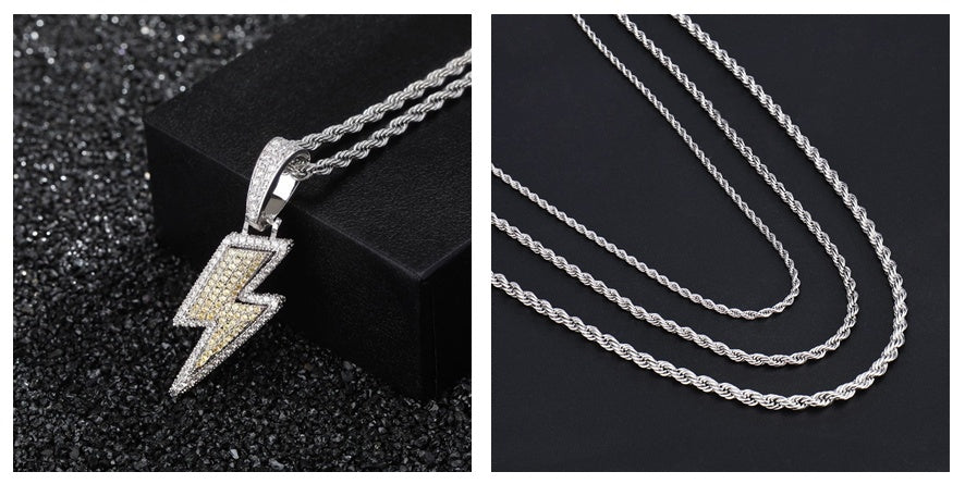 Pingente raio Hip Hop zircônias VVS – colar iced out lightning joia streetwear