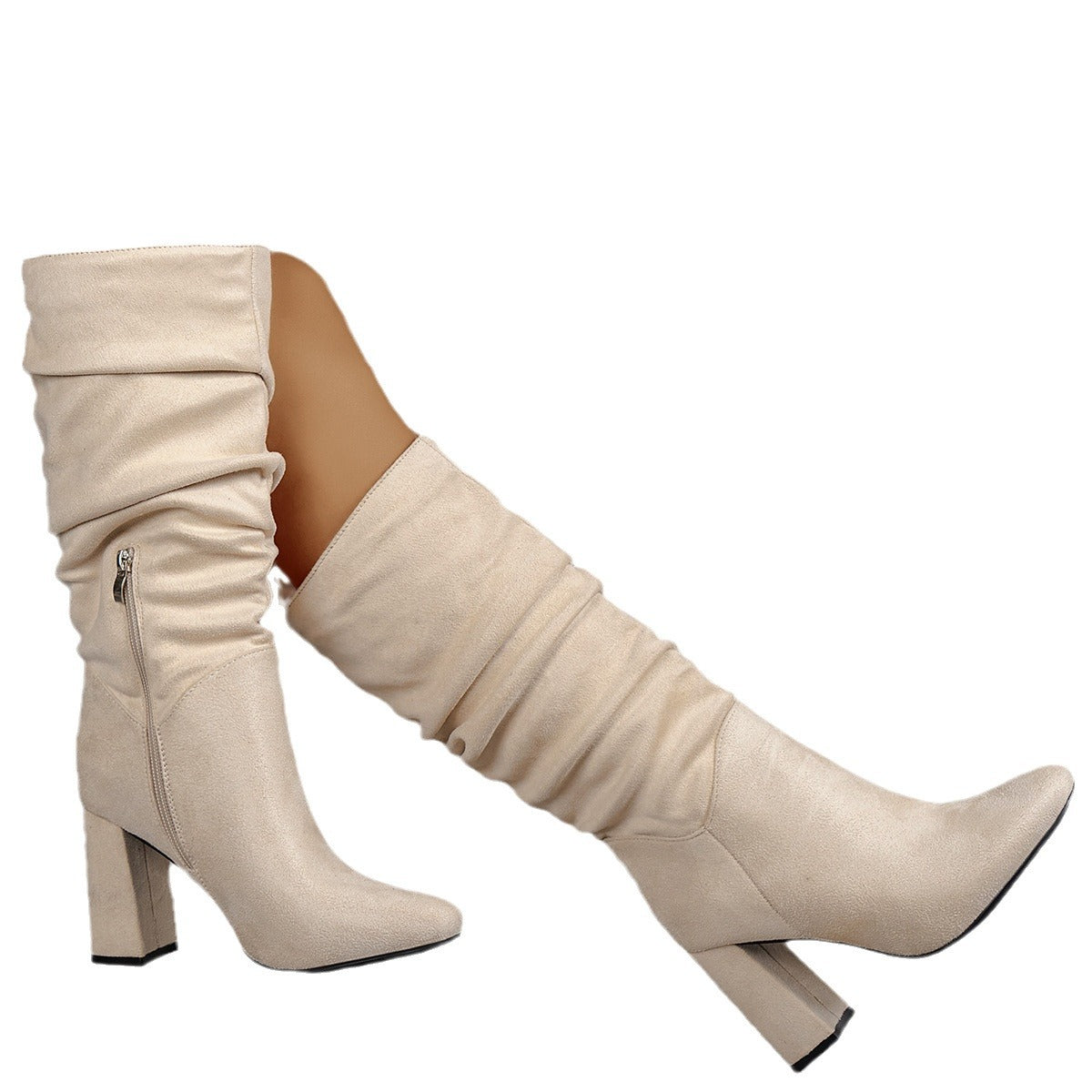 Bottes femmes daim beige talon épais ridé – tige haute euro/américain