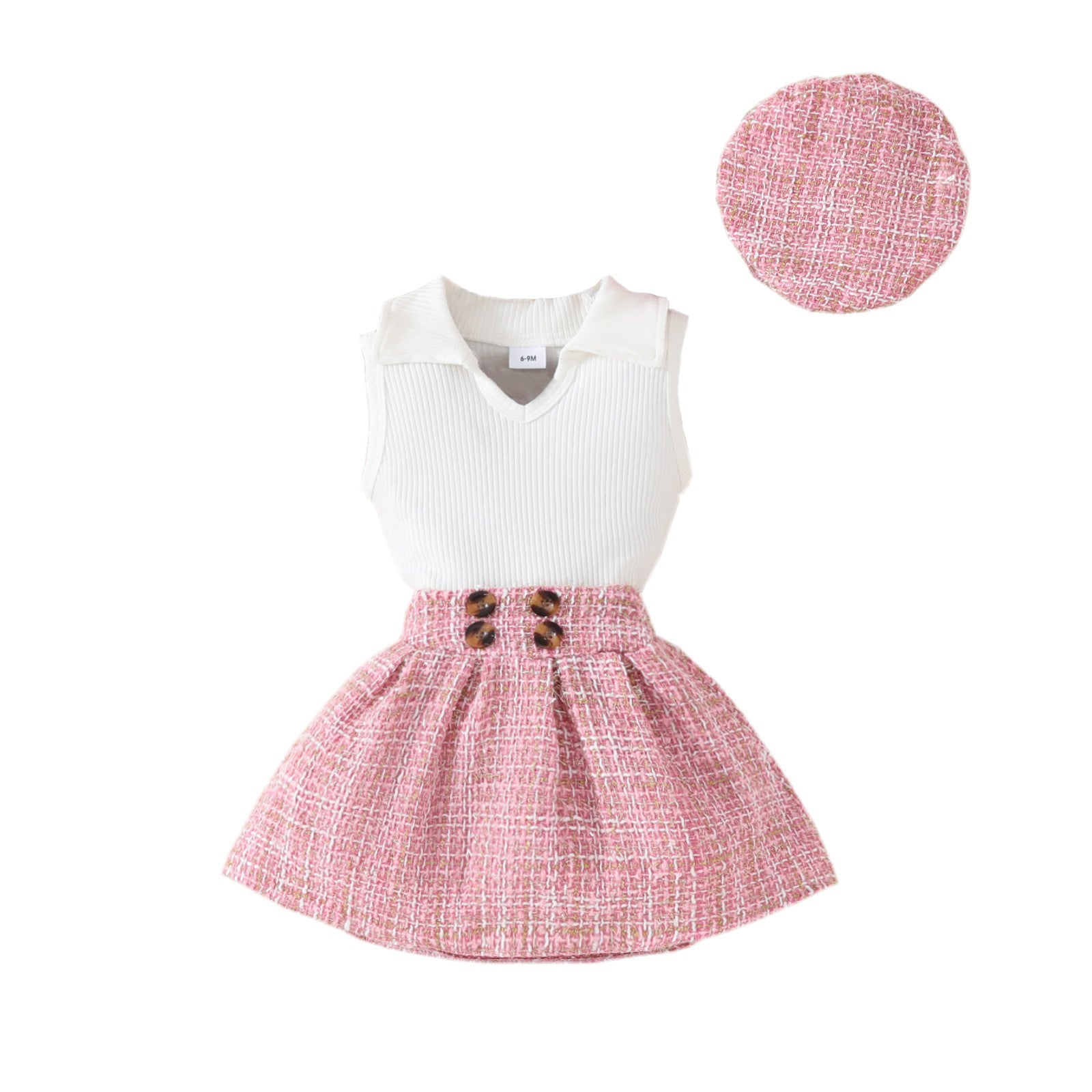 Ensemble fille 3 pièces béret haut jupe à carreaux – rose ou blanc laiteux