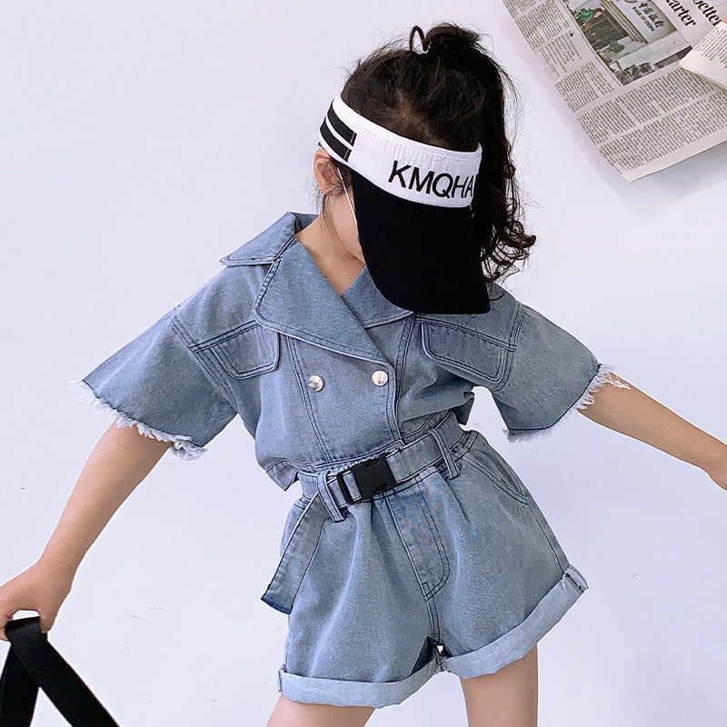 Ensemble enfant style workwear rayé coton à boutonnage biais – bleu clair