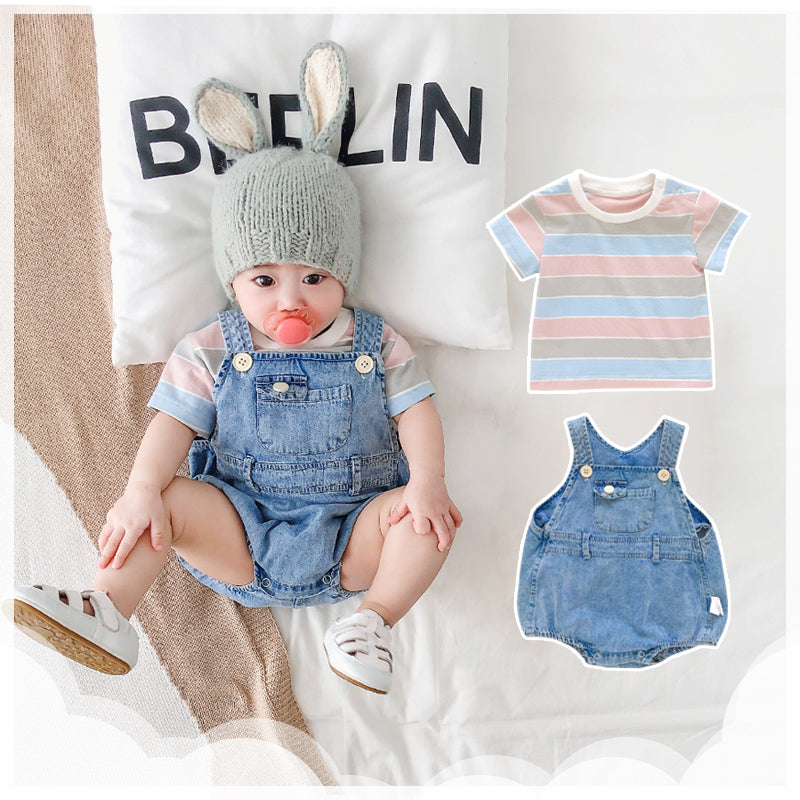 Salopette bébé en denim bleu – ensemble t-shirt manches courtes et pantalon
