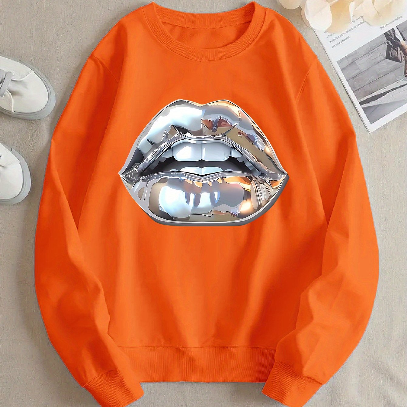Sweat à manches longues femme motif lèvres silver cartoon.style fun et tendance.