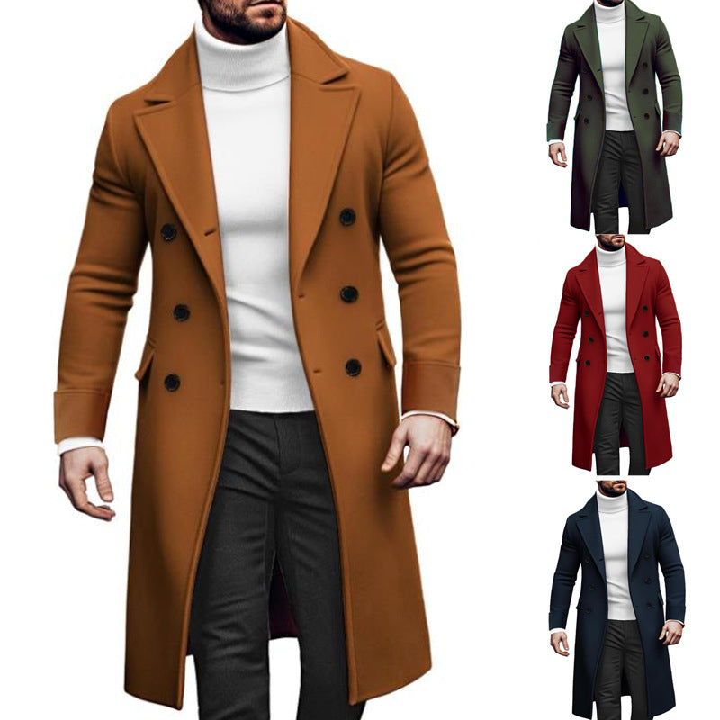 Manteau long laine double boutonnage homme – vert/rouge/kaki/bleu