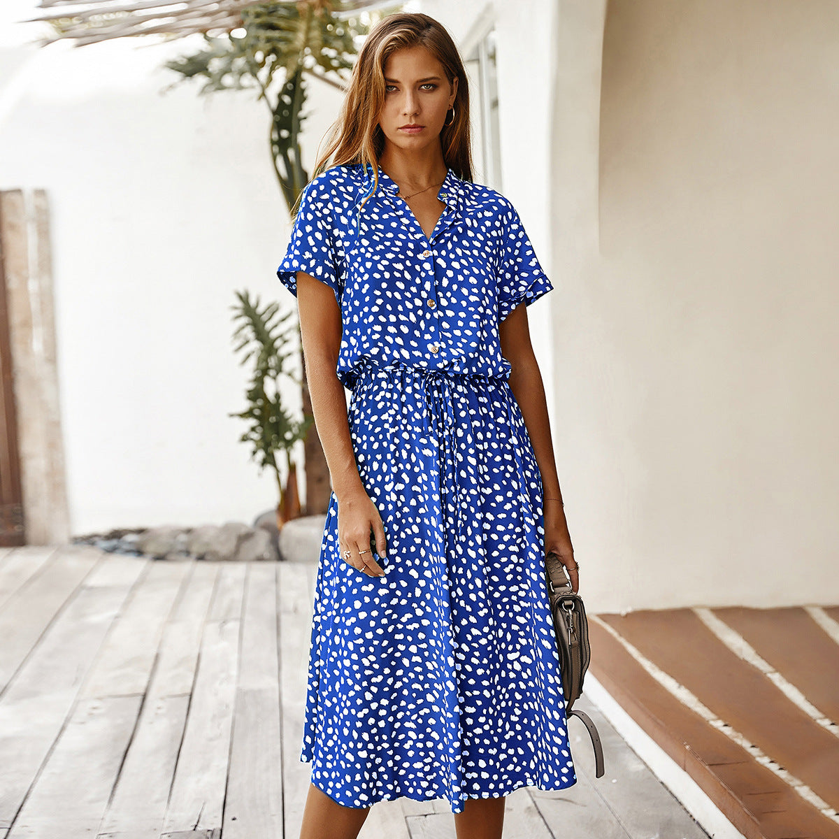 Robe femme imprimé vague – taille haute, manches courtes, légère et tendance
