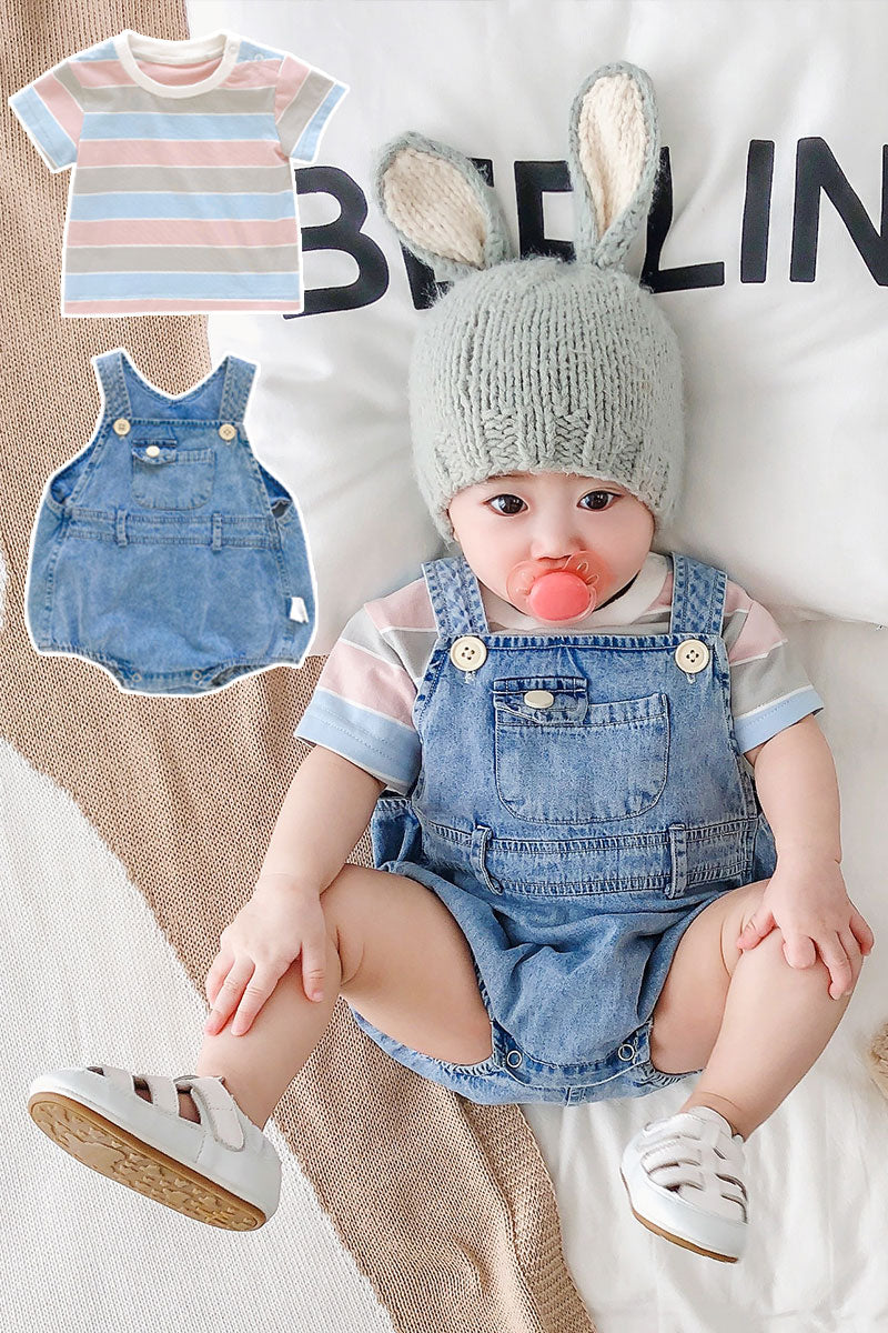 Salopette bébé en denim bleu – ensemble t-shirt manches courtes et pantalon