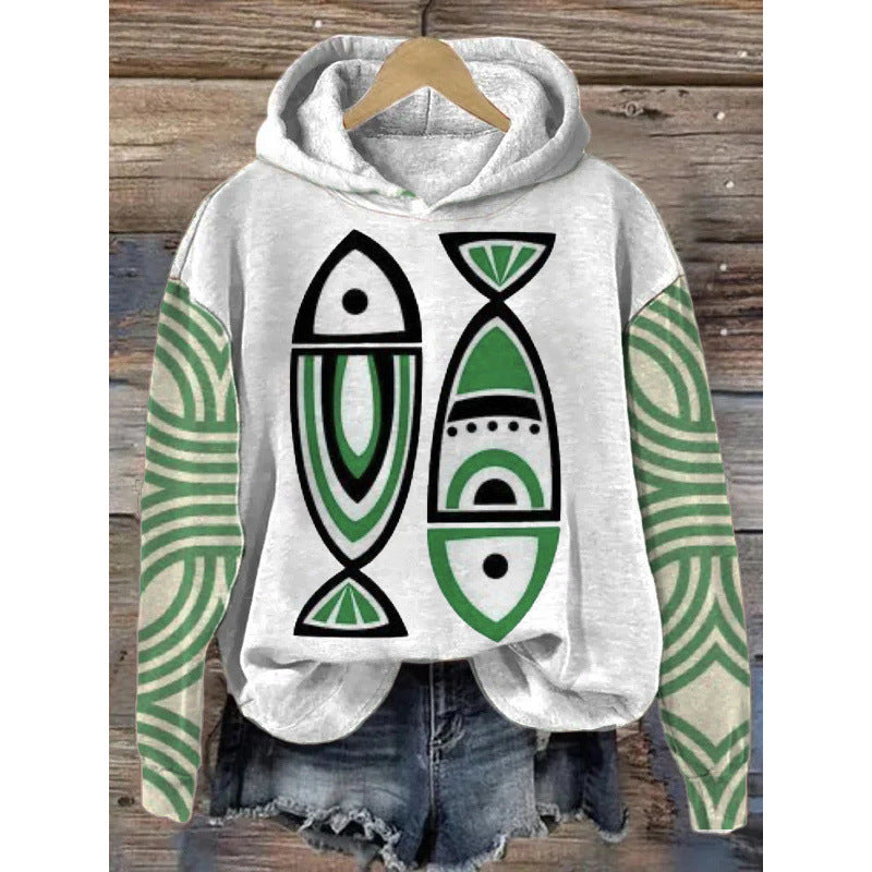 Women's printed hoodie pullover sweatshirt, long sleeves, trendy.