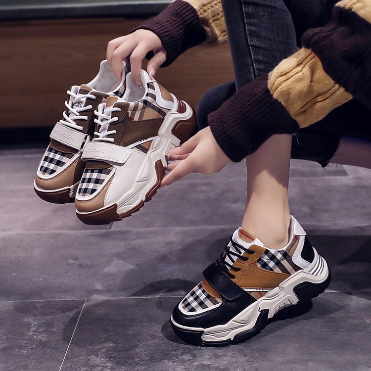 Baskets femme casual à velcro à motif pied-de-poule