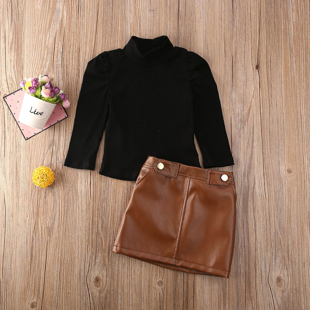 Ensemble fille chemise boutonnée et jupe cuir