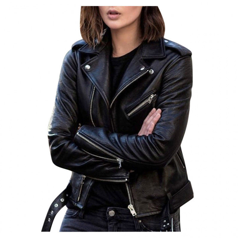 BLOUSON COURT CUIR PU FEMME – VESTE CASUAL SLIM FIT STREET HIPSTER RIVETS