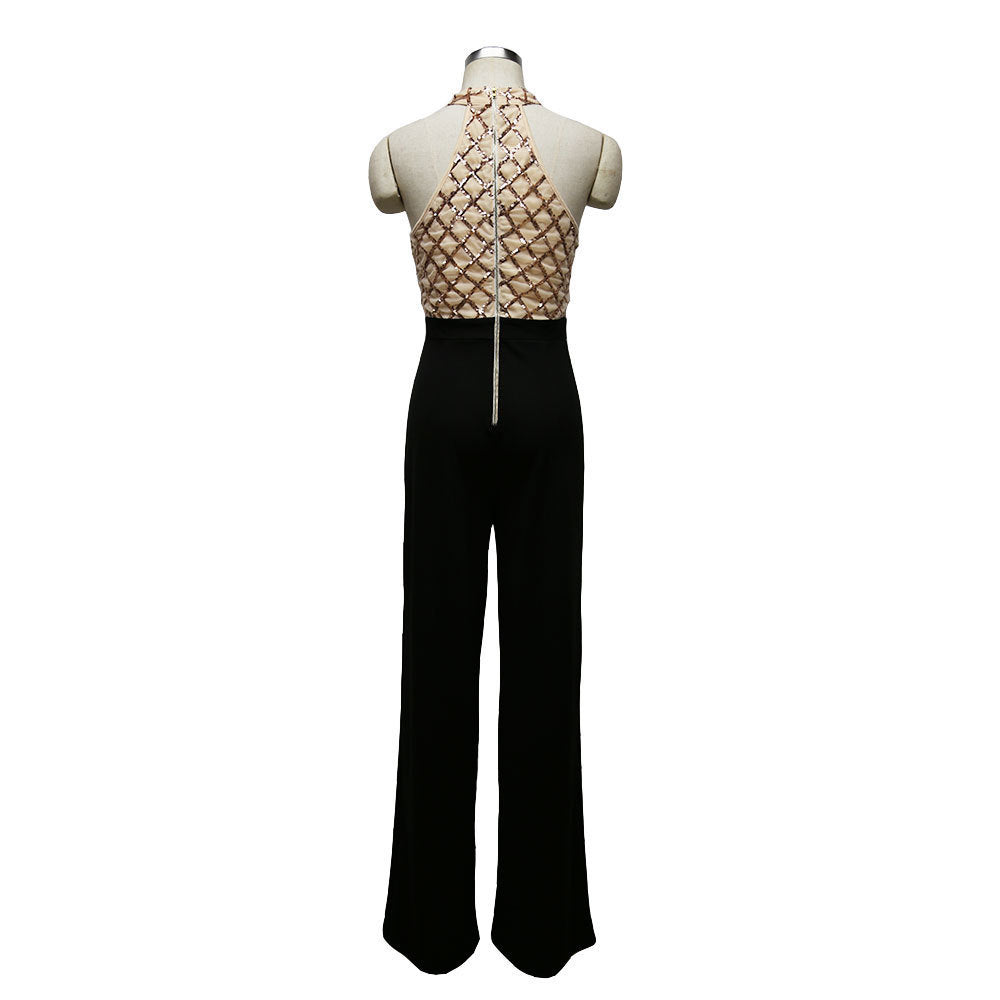 Combinaison femme sexy à sequins style européen et américain – col noué, coupe trompette