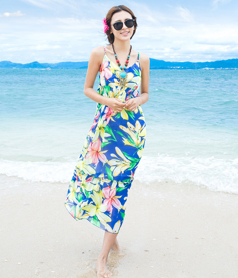 Robe de plage chiffon bretelles fleurs bleues pour mere et fille