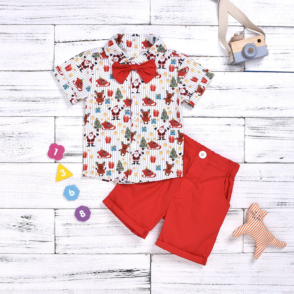Ensemble garçon Noël rouge imprimé coton 85% – chemise boutonnée avec nœud
