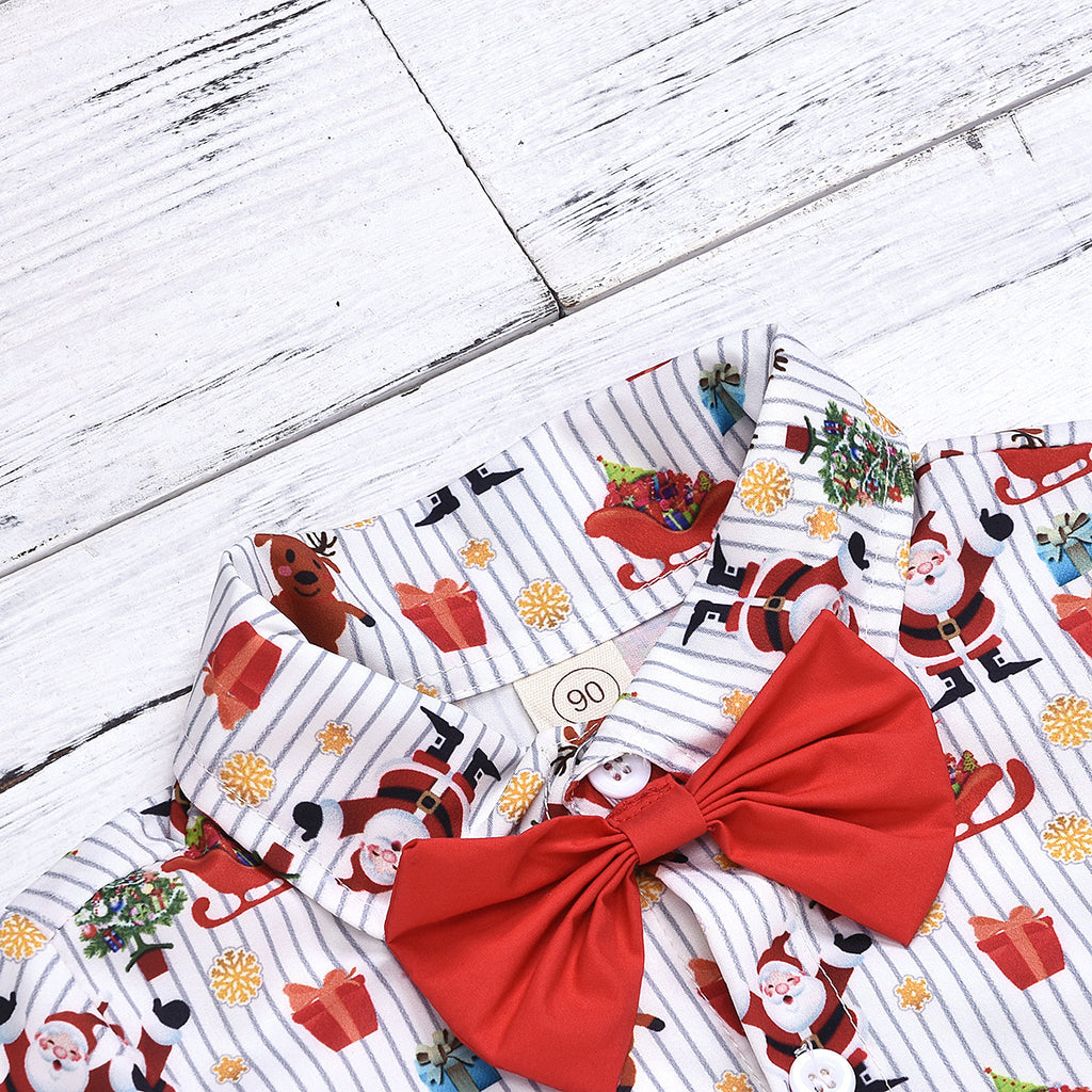 Ensemble garçon Noël rouge imprimé coton 85% – chemise boutonnée avec nœud