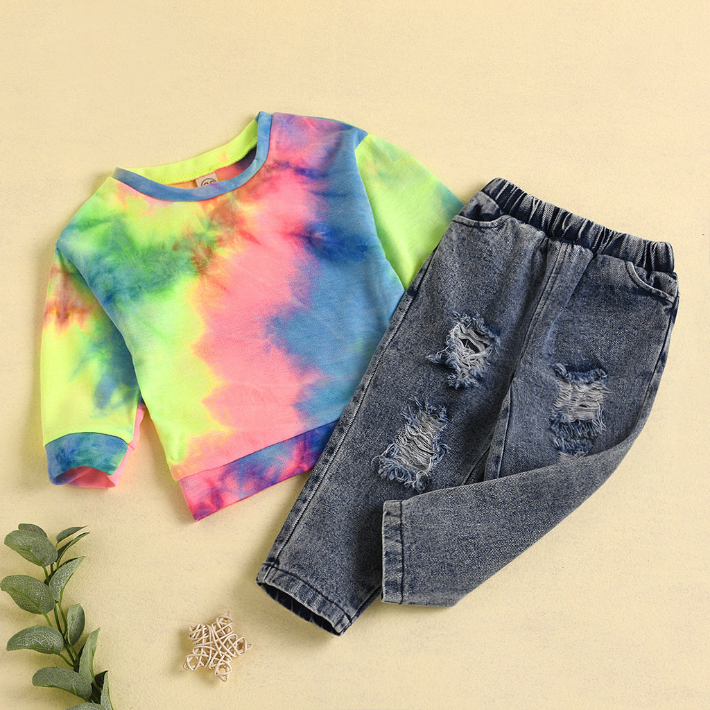 Ensemble enfant tie-dye arc-en-ciel – pull manches longues et pantalon en coton