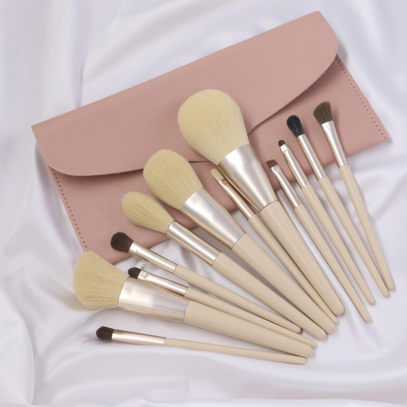 Set 12 pinceaux maquillage crin cheval bois – coffret Morandi rose 18,9cm