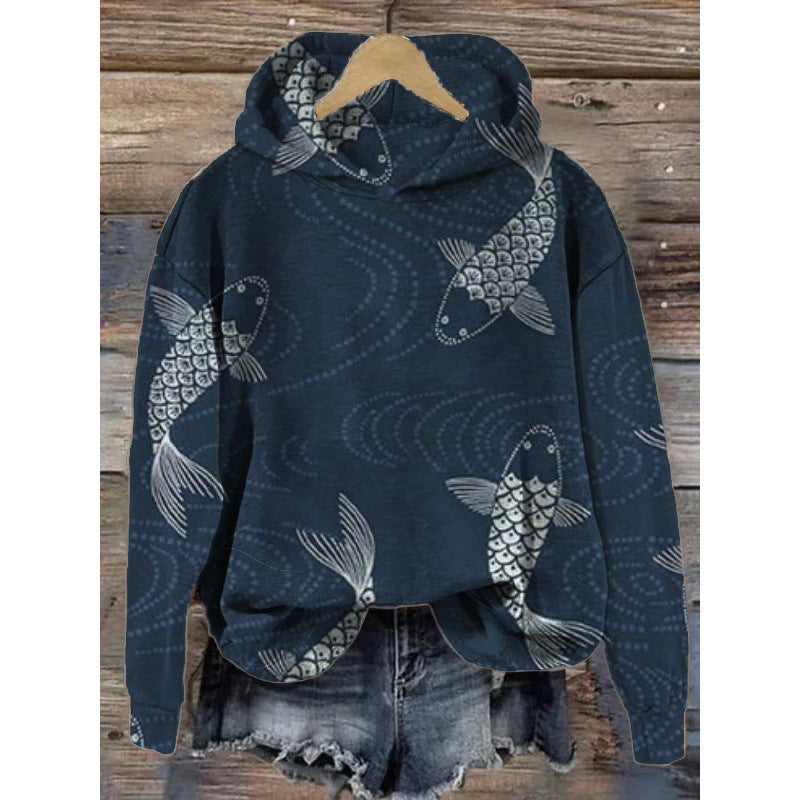 Women's printed hoodie pullover sweatshirt, long sleeves, trendy.