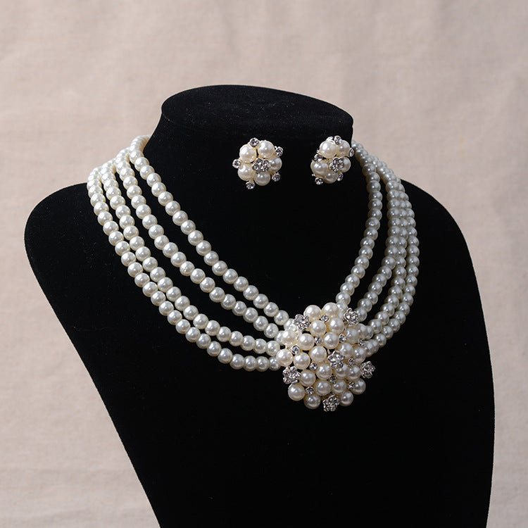 Set bijoux mariage TL060 – Chaîne de mariée luxueuse perles & fleurs + boucles d’oreilles
